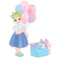 Cute girl with balloons and gifts