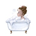 Cute girl bathing, watercolor style illustration, children`s clipart