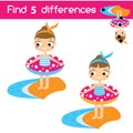Cute girl on beach with rubber ring. Find the differences educational children game. Kids activity fun page