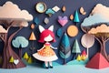 Cute Girl in a beautiful landscape papercut artwork Royalty Free Stock Photo