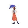 Cute girl in beret posing under umbrella. Happy kid standing, holding parasol, hiding from rain. Joyful child with