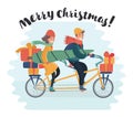 Cute girl on bicycle with dog caring christmas tree and colorful gift boxes. Royalty Free Stock Photo