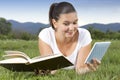 Cute girl in big dilemmae-book or old book Royalty Free Stock Photo