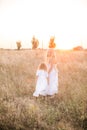 Cute girl with blond long hair with a younger sister in a summer field at sunset