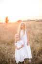 Cute girl with blond long hair with a younger sister in a summer field at sunset