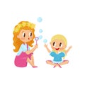 Cute girl blowing soap bubbles with her little sister. Funny kids having fun together. Outdoor activity. Flat vector Royalty Free Stock Photo