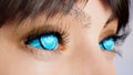 Cute girl with blue cybernetic eyes close-up. Macro shot of blue cyber eyes. The girl is made using computer graphics