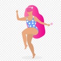 Cute Girl in Blue Swimsuit with Polka Dots Jumping Royalty Free Stock Photo