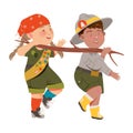 Cute Girl and Boy as Junior Scout Carrying Wooden Stick Vector Illustration