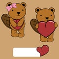 Cute girl and boy beaver cartoon love heart
