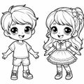 Cute girl and boy coloring book page, line art Royalty Free Stock Photo