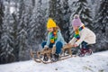 Cute girl and boy enjoying a sleigh ride. Children sledding in snow on winter park. Nature snowy landscape. Kids playing Royalty Free Stock Photo