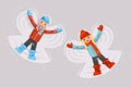 Cute girl boy making snow angel childhood game lying back moving arms and legs shape flat design vector illustration