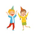 Cute girl and boy in party hats having fun at birthday party cartoon vector Illustration on a white background Royalty Free Stock Photo