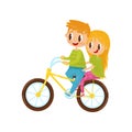 Cute girl and boy riding on bicycle. Brother and sister having fun together. Cheerful little kids. Happy childhood. Flat