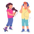 Cute girl and boy singing together, flat vector illustration isolated. Royalty Free Stock Photo