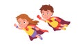 Cute girl, boy super heroes couple flying together