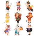 Cute Girl and Boys in Halloween Costumes Set, Little Child Dressed as Lion, Pumpkin, Devil, Magician, Witch, Happy