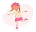 Cute girl with braids playing tennis vector illustration. Kids play tennis, figure skating and ballet. Childrens