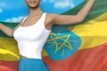Cute girl in bright skirt holds Ethiopia flag in hands behind her back on the cloudy sky background - flag concept 3d illustration
