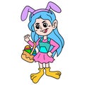 Cute girl bring egg celebrate easter moment, doodle icon image kawaii