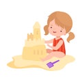 Cute Girl Building Sandcastle, Kids Summer Activities, Adorable Child Having Fun on Beach on Holidays Cartoon Vector Royalty Free Stock Photo