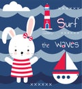 Cute girl Bunny, lighthouse, sea and yacht. Children`s printing for children, poster, children`s clothing, postcard. Vector illust