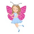 Cute girl butterfly icon in flat, cartoon style. Baby carnival costume. Isolated on white background. Vector