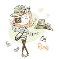 A cute girl with a camera takes pictures in Rome. Tourist. Travel. Vector