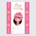 Cute girl on candle and cupcake border cartoon illustration for Happy Birthday card design