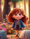 a cute girl cartoon character with magical forest background 3d illustration, ai generative