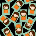 Cute girl cartoon set seamless pattern