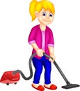 Cute girl cartoon standing cleaning floor using vacum cleaner