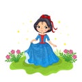 Cute girl in a cartoon style. Princess in a blue beautiful dress stand in a meadow. Vector illustration.