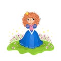 Cute girl in a cartoon style. Princess in a blue beautiful dress stand in a meadow. Vector illustration.