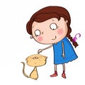 cute girl and cat illustration cartoon and white background Royalty Free Stock Photo