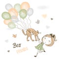 A cute girl catches her pet cat flying on balloons. Vector Royalty Free Stock Photo