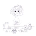 Cute girl character cartoon morning coffee cup of tea sugar break lunch black and white monochrome outline beauty positive drawing