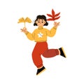Cute Girl Character Enjoy Autumn Season Jump with Leaf Vector Illustration Royalty Free Stock Photo