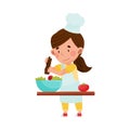 Cute Girl Character in Hat and Apron Standing at Kitchen Table and Dressing Salad Vector Illustration Royalty Free Stock Photo
