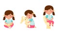 Cute Girl Character Reading Book, Playing with Fluffy Toy and Sitting in the Toilet Vector Illustrations Set