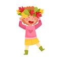 Cute Girl Character in Rubber Boots and Autumn Leaves Wreath on Her Head Vector Illustration