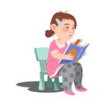 Cute Girl Character Sitting on Chair with Open Book and Reading Vector Illustration Royalty Free Stock Photo