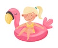 Cute Girl Character Sitting in Flamingo Rubber Swimming Ring Vector Illustration