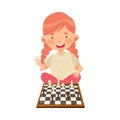 Cute Girl Character Sitting and Playing Chess Vector Illustration Royalty Free Stock Photo