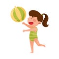 Cute Girl Character in Swimsuit Playing with Ball at Sea Shore Vector Illustration Royalty Free Stock Photo