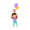 Cute Girl Character Throwing Gift Box with Balloons Vector Illustration