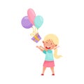 Cute Girl Character Throwing Gift Box with Balloons Vector Illustration