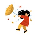 Cute Girl Character with Umbrella Enjoy Autumn Stormy Season Vector Illustration Royalty Free Stock Photo