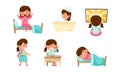 Cute Girl Character Waking Up in the Morning, Bathing, Watching Cartoons and Going to School with Backpack Vector Set